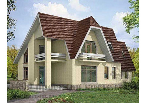 Проект двухэтажного дома из кирпича с асимметричной крышей.
