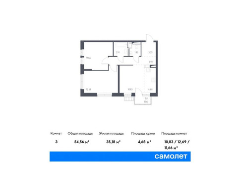 Продается 3-к. квартира, 54,56 кв.м. в ЖК «Большое Путилково»