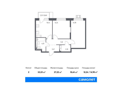 Продается 2-к. квартира, 53,23 кв.м. в ЖК «Прибрежный Парк»