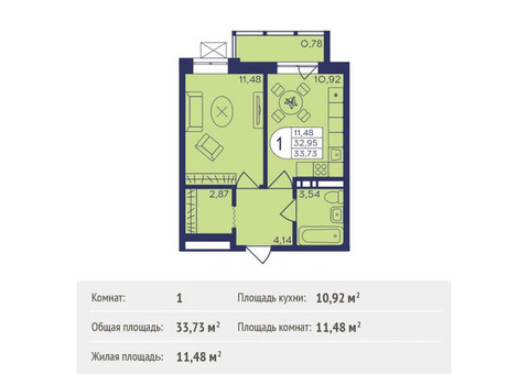 Продается 1-к. квартира, 33,73 кв.м. в ЖК 'Героев'