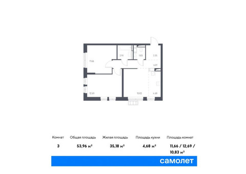 Продается 3-к. квартира, 53,96 кв.м. в ЖК «Большое Путилково»