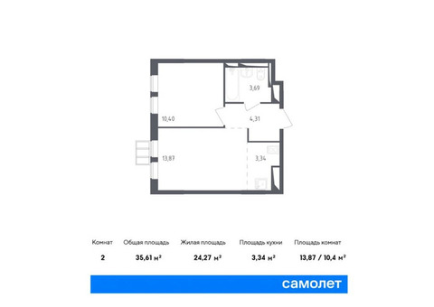 Продается 2-к. квартира, 35,61 кв.м. в ЖК «Горки Парк»