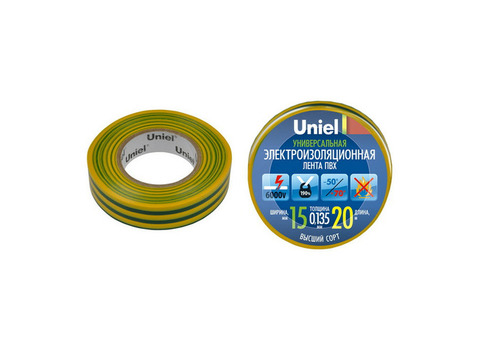Изолента ПВХ Uniel UIT-135P 15 мм желто-зеленая 20 м