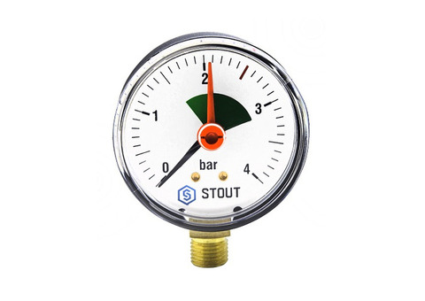 Манометр радиальный STOUT - 1/4" (D63 мм, шкала 0-4 бар, с указателем предела)