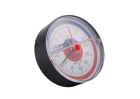 Термоманометр аксиальный ICMA 259 - 1/2" (D-80 мм, шкала 0-10 бар / 0-120 °C, с запорным клапаном)