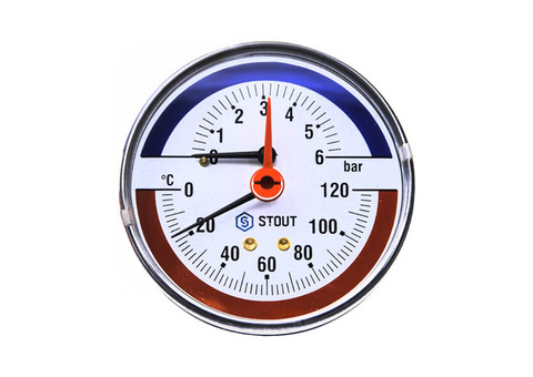Термоманометр аксиальный STOUT - 1/2" (D80 мм, шкала 0-120°C/0-10 бар, с запорным клапаном)