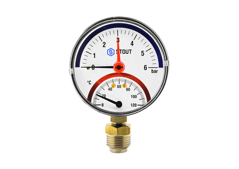 Термоманометр радиальный STOUT - 1/2" (D80 мм, шкала 0-120°C/0-10 бар, с запорным клапаном)