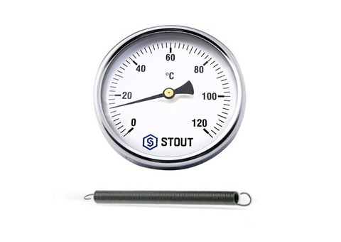 Термометр биметаллический накладной STOUT (D63 мм, шкала 0-120°C, с пружиной)