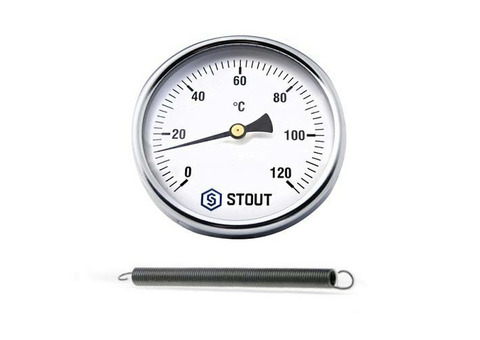Термометр биметаллический накладной STOUT (D80 мм, шкала 0-120°C, с пружиной)