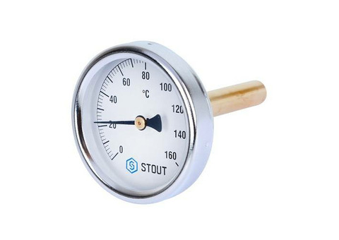 Термометр биметаллический аксиальный STOUT - 1/2" (D63 мм, шкала 0-160°C, с погружной гильзой 75 мм)