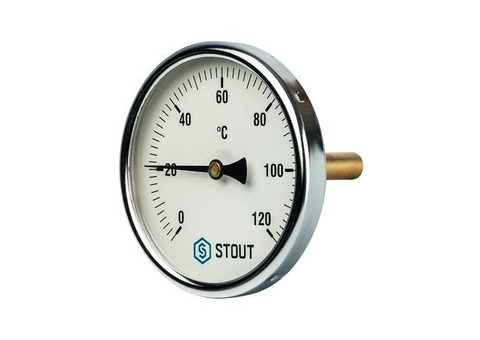 Термометр биметаллический аксиальный STOUT - 1/2" (D63 мм, шкала 0-120°C, с погружной гильзой 75 мм)