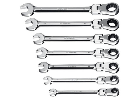 Набор трещоточных комбинированных ключей Зубр Профессионал 27101-H7 шарнирные 8-19 мм 7 шт.