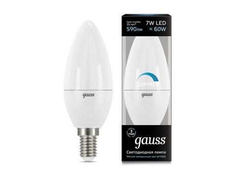 Лампа светодиодная Gauss 103101207-D Candle-dim E14 7W 4100К диммируемая