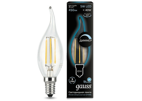 Лампа светодиодная Gauss 104801205-D Filament Candle tailed 5W E14 4100К dimmable