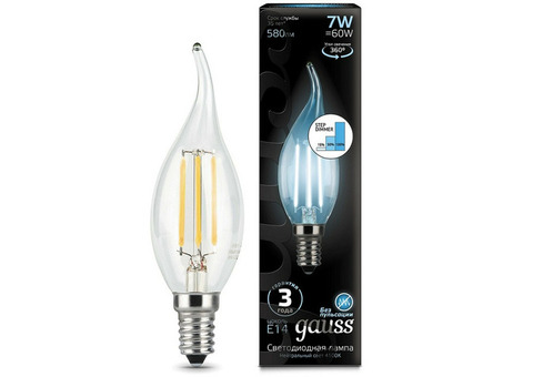 Лампа светодиодная Gauss 104801207-S Filament Candle tailed 7W E14 4100K step dimmable