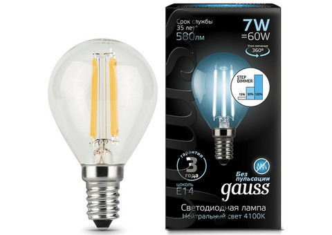 Лампа светодиодная Gauss 105801207-S Filament Globe 7W E14 4100K step dimmable