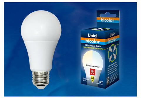 Лампа светодиодная Uniel Bicolor LED- A60-9W/E27 матовая 3000K, 4000K