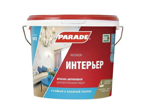 Краска акриловая Parade Classic W3 Интерьер для стен и потолков белая 5 л