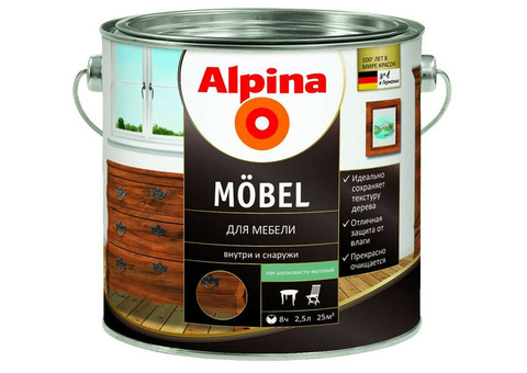 Лак акриловый Alpina Moebel для мебели шелковисто-матовый 2,5 л