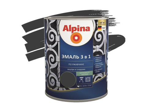 Эмаль по ржавчине Alpina 3 в 1 RAL 9005 черная 0,75 л