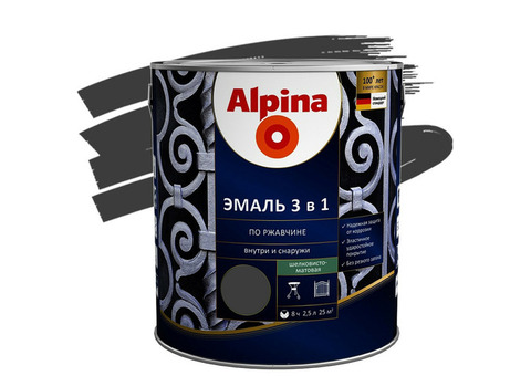Эмаль по ржавчине Alpina 3 в 1 RAL 9005 черная 2,5 л