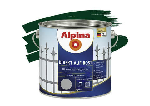 Эмаль по ржавчине Alpina Direkt auf Rost гладкая RAL 6005 зеленая 0,75 л