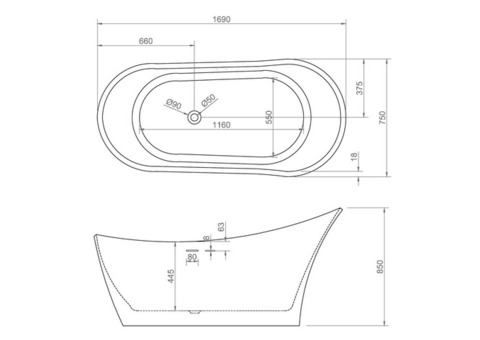 Ванна акриловая Abber AB9245 169х75 см