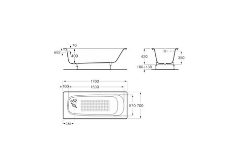 Ванна чугунная Roca Continental 170х70 см антискольжение