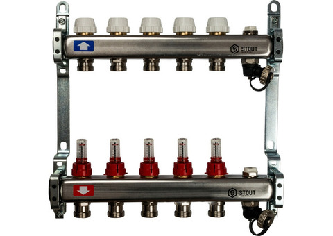 Коллектор распределительный Stout SMS 0927 000005 на 5 контуров с расходомерами с выпускным клапаном и сливом