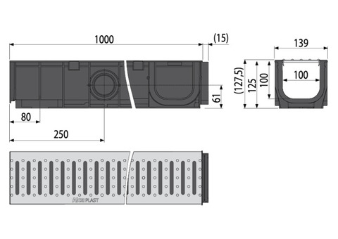 Дренажный канал Alca Plast AVZ101-R101 без рамы с оцинкованной решеткой T профиль A15