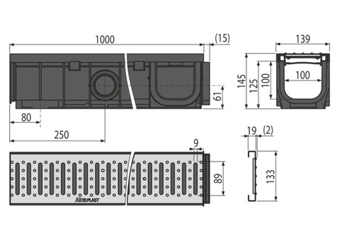 Дренажный канал Alca Plast AVZ102-R102 с пластиковой рамой и оцинкованной решеткой C профиль A15