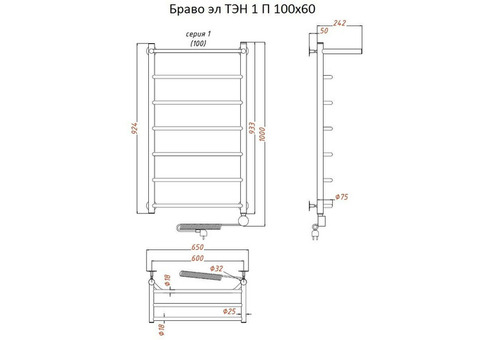 Полотенцесушитель электрический Тругор Браво ТЭН 1 П 100х60 см ЛЦ4