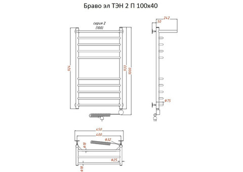 Полотенцесушитель электрический Тругор Браво ТЭН 2 П 100х40 см ЛЦ4