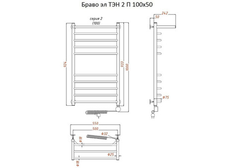 Полотенцесушитель электрический Тругор Браво ТЭН 2 П 100х50 см ЛЦ4