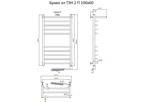 Полотенцесушитель электрический Тругор Браво ТЭН 2 П 100х60 см ЛЦ4