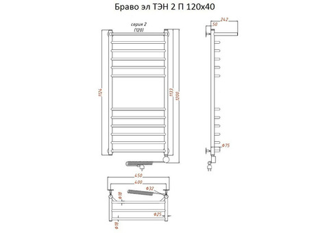 Полотенцесушитель электрический Тругор Браво ТЭН 2 П 120х40 см ЛЦ4