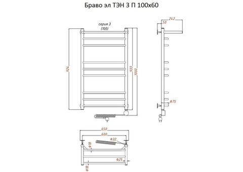 Полотенцесушитель электрический Тругор Браво ТЭН 3 П 100х60 см ЛЦ4