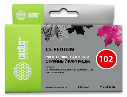 Картридж струйный Cactus CS-PFI102M пурпурный ( 130мл ) для Canon IP iPF500/iPF600/iPF700/MFP M40/iPF765/LP17/LP24 (CS-PFI102M)