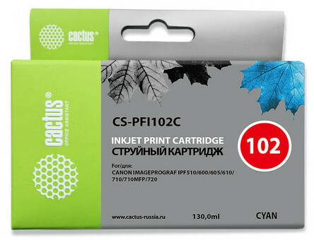 Картридж струйный Cactus CS-PFI102C синий ( 130мл ) для Canon IP iPF500/iPF600/iPF700/mFP M40/iPF765/LP17/LP24 (CS-PFI102C)