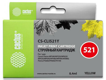 Картридж струйный Cactus CS-CLI521Y желтый (8.4мл) для Canon Pixma MP540/MP550/MP620/MP630/MP640/MP660/MP980/MP990/iP3600/iP4600/iP4700/MX860 (CS-CLI521Y)