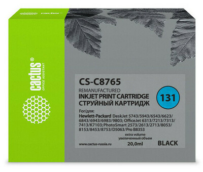 Картридж струйный Cactus CS-C8765 №131 черный (20 мл) для HP DJ 5743/5943/6543/6623/6843/6943/6983/9803/7213/7313/7413/K7103/PS 2573/2613/2713/8053/8153/8453/8753/D5063/Pro B8353 (CS-C8765)