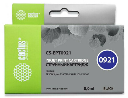 Картридж струйный Cactus CS-EPT0921 черный (8мл) для Epson Stylus C91/CX4300/T26/T27/TX106/TX109/TX117/TX119 (CS-EPT0921)