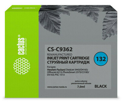 Картридж струйный Cactus CS-C9362 №132 Черный (7мл) для HP DJ 5443/D4163/DJ 6215/PS2573/C3183/D5163/PSC 1513 (CS-C9362)