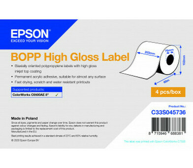Бумага Epson BOPP High Gloss Label, глянцевая, 203мм x 68м (C33S045736)
