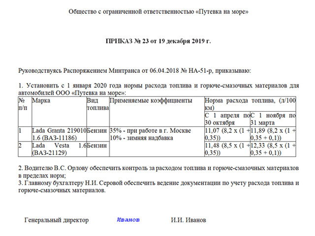 Приказ о норме расхода топлива образец 2022