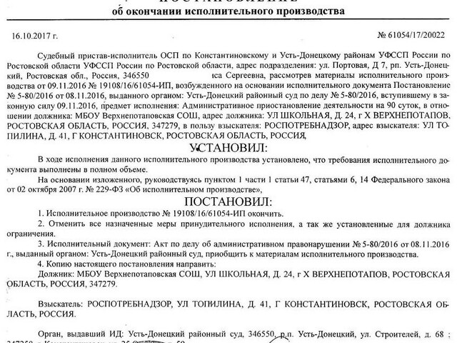 Постановление об окончании исполнительного производства