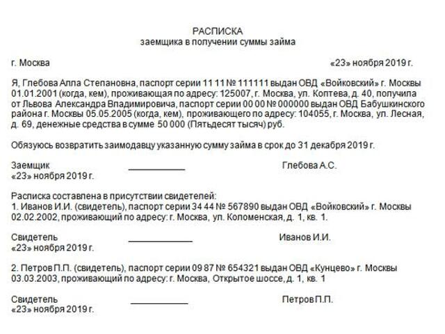 Форма расписки о получении денег образец между физическими лицами в долг