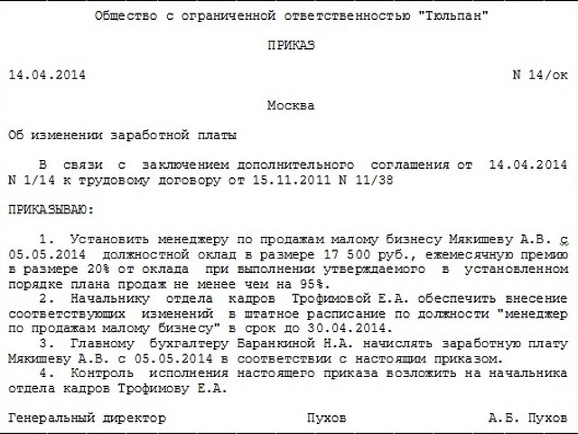 Приказ об уменьшении оклада генеральному директору образец