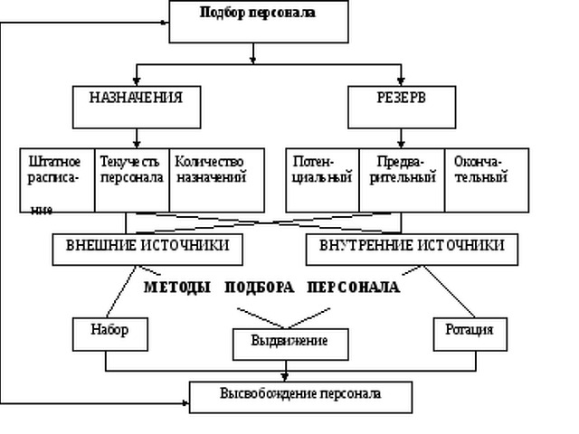 В схему организации работы по поиску отбору и адаптации персонала входят следующие действия