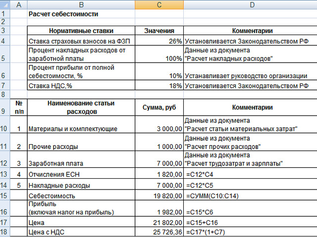 Расчет стоимости услуги образец